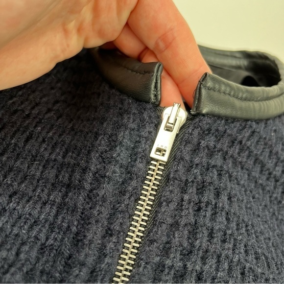 IRO Ceylona Navy Blue Waffle Pattern Knit Black Quilted Leather Edgy Zip Blazer - Picture 11 of 15